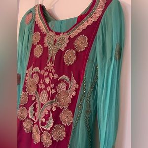Long kameez and trousers, embroidered gown